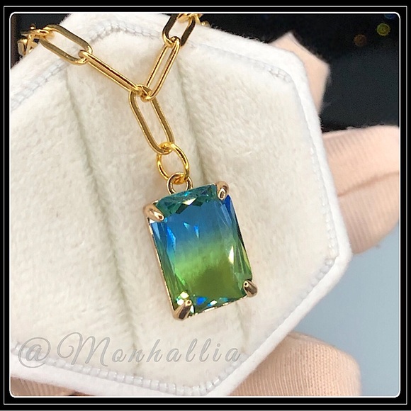 Monhallia Jewelry - 14k Gold Steel Emerald Cut Ombre Square Blue Topaz Tourmaline Paperclip Necklace